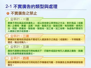 2-1 不實廣告的類型與處理
 不實廣告之禁止
 公平21，一項
事業不得在商品或其廣告上，或以其他使公眾得知之方法，對於商品（或服
務）之價格、數量、品質、內容、製造方法、製造日期、有效期限、使用方
法、用途、原產地、製造者、製造地、加工者、加工地等，為虛偽不實或引
人錯誤之表示或表徵。

 公平21，二項
事業對於載有前項虛偽不實或引人錯誤表示之商品（或服務），不得販賣、
運送、輸出或輸入。

 公平21，三項
廣告代理業在明知或可得知情況下，仍製作或設計有引人錯誤之廣告，與廣
告主負連帶損害賠償責任。

 公平21，四項
廣告媒體業在明知或可得知而仍予傳播或刊載，亦與廣告主負連帶損害賠償
責任。
 