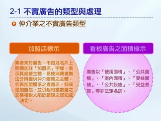2-1 不實廣告的類型與處理
 仲介業之不實廣告類型


  加盟店標示         看板廣告之面積標示

業者未於廣告、市招及名片上
明顯加註「加盟店」字樣，表
示其經營主體，易使消費者無   廣告以「使用面積」、「公共面
法分辨提供仲介服務之主體，   積」、「室內面積」、「受益面
究係加盟體系之直營店，抑或   積」、「公共設施」、「受益憑
是加盟店，並引起相當數量之   證」等非法定名詞。
交易相對人陷於錯誤之認知或
 決定。
 