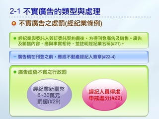 2-1 不實廣告的類型與處理
 不實廣告之處罰(經紀業條例)

 經紀業與委託人簽訂委託契約書後，方得刊登廣告及銷售。廣告
 及銷售內容，應與事實相符，並註明經紀業名稱(#21)。

 廣告稿在刊登之前，應經不動產經紀人簽章(#22-4)


 廣告虛偽不實之行政罰


     經紀業新臺幣
                   經紀人員得處
      6~30萬元
                   申戒處分(#29)
      罰鍰(#29)
 