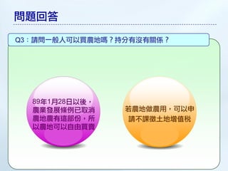 問題回答

Q3：請問一般人可以買農地嗎？持分有沒有關係？




  89年1月28日以後，
  農業發展條例已取消     若農地做農用，可以申
  農地農有這部份，所      請不課徵土地增值稅
  以農地可以自由買賣
 