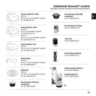 Zubehörteile Sicomatic® econtrol
                                                                    (gesondert erwerbbar, teilweise im Serienumfang enthalten)


                          Einsatz ungelocht, nieder                                     Kurzzeitmesser Silit 2000
                          Ø 22 cm                                                       mechanisch




                                                                                                                                  DE
                          für 4,5 u. 6,5 Ltr. Sicomatic® econtrol                       Art.-Nr. 0068.0010.01
                          Art.-Nr. 8031.7011.01


                                                                                        Kurzzeitmesser il Tempo
                          Einsatz gelocht, nieder                                       Art.-Nr. 0068.0013.01
                          Ø 18 cm
                          für 2,5 Ltr. Sicomatic® econtrol
                          Art.-Nr. 8018.7011.01
                          Ø 22 cm
                          für 4,5 u. 6,5 Ltr. Sicomatic® econtrol
                                                                                        Timer Pico
                          Art.-Nr. 8032.7011.01
                                                                                        Art.-Nr. 0068.0012.01
                          Einsatz gelocht, hoch
                          Ø 22 cm
                          für 4,5 u. 6,5 Ltr. Sicomatic® econtrol
                          Art.-Nr. 8033.7011.01
                                                                                        Kurzzeitmesser Diavolo
                                                                                        Art.-Nr. 0068.0015.01
                          Einsatzträger
                          Ø 22 cm
                          für 4,5 u. 6,5 Ltr. Sicomatic® econtrol
                          Art.-Nr. 0066.6000.01

                                                                    (1)                 Intensivreiniger flüssig (1)
                          Bodensieb                                                     Art.-Nr. 0051.8888.01
                          Ø 22 cm
                          für, 4,5 l u. 6,5 l Sicomatic® econtrol                       Spezialreiniger (2)
                          Art.-Nr. 7022.6022.01                                         Art.-Nr. 0051.0010.01


                          Kurzzeitmesser Elements
                          mechanisch
                          Art.-Nr. 0068.2420.01                                         (2)



                                                                                                                           33

SIL-2384-GA-01-Sicomatic-econtrol-DE-neu.indd 33                                                                       10.06.10 14:09
 