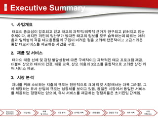 Executive Summary
     1. 사업개요
     태교의 중요성이 강조되고 있고 태교의 과학적/의학적 근거가 연구되고 밝혀지고 있는
     추세이다. 하지만 개인의 임산부가 방대한 태교의 정보를 모두 습득하는데 따르는 어려
     움과 일회성의 각종 태교용품들의 구입이 어려운 점을 고려해 전문적이고 고급스러운
     종합 태교서비스를 제공하는 사업을 구상.

     2. 제품 및 서비스
     태아의 태중 신체 및 감정 발달상황에 따른 구체적이고 과학적인 태교 프로그램 제공.
     더불어 산모와 태아의 건강, 태중 교육, 산모 미용의 3요소를 종합적으로 고려한 산전 케
     어 서비스 제공.

     3. 시장 분석
     자녀를 위해 소비하는 지출의 규모는 전반적으로 크며 타겟 시장에서는 더욱 그러함. 그
     에 해당하는 유사 산업의 규모는 성장세를 보이고 있음. 동일한 시장에서 동일한 서비스
     를 제공하는 경쟁자는 없으며, 유사 서비스를 제공하는 경쟁자들은 초기진입 단계임.




Executive            제품                                               사업
            사업개요           시장 분석   마케팅 계획   운영 활동   경영진 구성   재무 계획
Summary            및 서비스                                             위험 요소
 