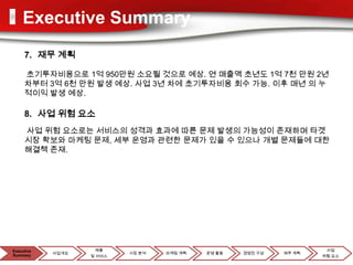 Executive Summary
     7. 재무 계획

     초기투자비용으로 1억 950만원 소요될 것으로 예상. 연 매출액 초년도 1억 7천 만원 2년
     차부터 3억 6천 만원 발생 예상. 사업 3년 차에 초기투자비용 회수 가능. 이후 매년 의 누
     적이익 발생 예상.

     8. 사업 위험 요소
     사업 위험 요소로는 서비스의 성격과 효과에 따른 문제 발생의 가능성이 존재하며 타겟
     시장 확보와 마케팅 문제, 세부 운영과 관련한 문제가 있을 수 있으나 개별 문제들에 대한
     해결책 존재.




Executive            제품                                               사업
            사업개요           시장 분석   마케팅 계획   운영 활동   경영진 구성   재무 계획
Summary            및 서비스                                             위험 요소
 