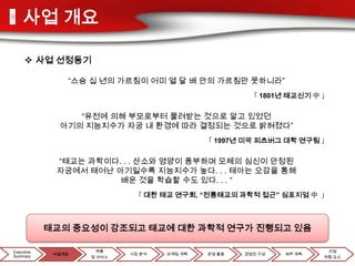 사업 개요

      사업 선정동기

                “스승 십 년의 가르침이 어미 열 달 배 안의 가르침만 못하니라”
                                                      「 1801년 태교신기 中 」


                 “유전에 의해 부모로부터 물려받는 것으로 알고 있었던
              아기의 지능지수가 자궁 내 환경에 따라 결정되는 것으로 밝혀졌다”
                                             「 1997년 미국 피츠버그 대학 연구팀 」


             “태교는 과학이다. . . 산소와 영양이 풍부하며 모체의 심신이 안정된
             자궁에서 태어난 아기일수록 지능지수가 높다. . . 태아는 오감을 통해
                       배운 것을 학습할 수도 있다. . . “
                             「 대한 태교 연구회, “전통태교의 과학적 접근” 심포지엄 中 」



            태교의 중요성이 강조되고 태교에 대한 과학적 연구가 진행되고 있음

Executive             제품                                               사업
             사업개요           시장 분석   마케팅 계획   운영 활동   경영진 구성   재무 계획
Summary             및 서비스                                             위험 요소
 