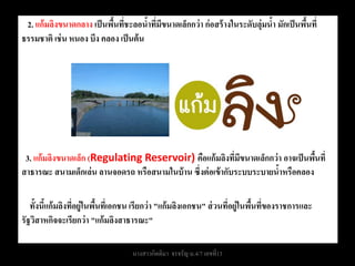2. แก้ มลิงขนาดกลาง เป็ นพืนทีชะลอนาทีมขนาดเล็กกว่ า ก่ อสร้ างในระดับลุ่มนา มักเป็ นพืนที่
                            ้ ่        ้ ่ ี                                ้           ้
ธรรมชาติ เช่ น หนอง บึง คลอง เป็ นต้ น




 3. แก้ มลิงขนาดเล็ก (Regulating Reservoir) คือแก้ มลิงทีมขนาดเล็กกว่ า อาจเป็ นพืนที่
                                                               ่ ี                 ้
สาธารณะ สนามเด็กเล่ น ลานจอดรถ หรือสนามในบ้ าน ซึ่งต่ อเข้ ากับระบบระบายนาหรือคลอง
                                                                         ้

   ทั้งนีแก้ มลิงทีอยู่ในพืนทีเ่ อกชน เรียกว่ า "แก้ มลิงเอกชน" ส่ วนทีอยู่ในพืนทีของราชการและ
         ้         ่       ้                                           ่       ้ ่
รัฐวิสาหกิจจะเรียกว่ า "แก้ มลิงสาธารณะ"

                                   นางสาวกิตติมา จรจรัญ ม.4/7 เลขที่13
 