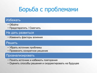 Борьба с проблемами
Избежать
• Обойти
• Предотвратить / Смягчить
Не дать развиться
• Изменить факторы влияния

Решить
• Убрать источник проблемы
• Применить конкретное решение
Проанализировать
• Понять источник и избежать повторения
• Оценить способы решения и скорректировать на будущее
 