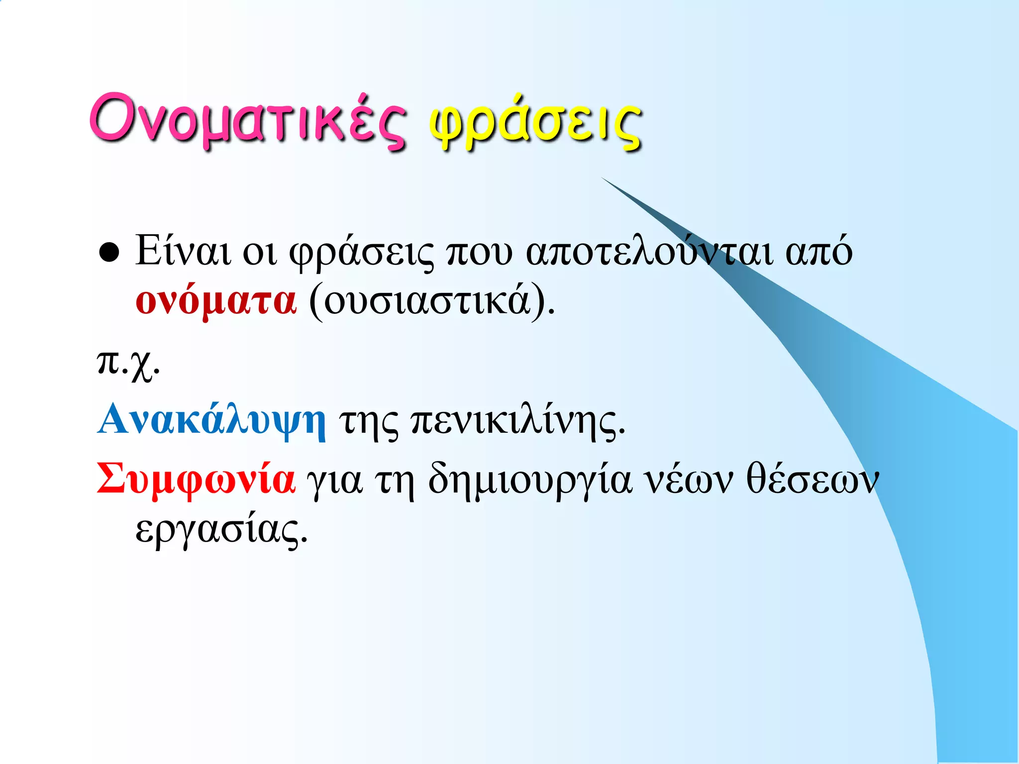 Ονοματικές υράσεις

 Είναι οι θράζεις ποσ αποηελούνηαι από
  ονόμαηα (οσζιαζηικά).
π.τ.
Ανακάλςψη ηης πενικιλίνης.
Σςμθωνία για ηη δημιοσργία νέφν θέζεφν
  εργαζίας.
 