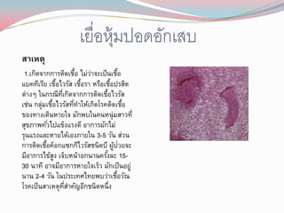 เยื่อหุ้มปอดอักเสบ
สาเหตุ
 1.เกิดจากการติดเชือ ไม่วาจะเป็ นเชือ
                         ้   ่             ้
แบคทีเรีย เชือไวรัส เชือรา หรือเชือปรสิต
                  ้        ้         ้
ต่างๆ ในกรณีทเี่ กิดจากการติดเชือไวรัส
                                 ้
เช่น กลุ่มเชือไวรัสทีทาให้เกิดโรคติดเชือ
              ้        ่                     ้
ของทางเดินหายใจ มักพบในคนหนุ่มสาวที่
สุขภาพทัวไปแข็งแรงดี อาการมักไม่
            ่
รุนแรงและหายได้เองภายใน 3-5 วัน ส่วน
การติดเชือค็อกแซกกีไวรัสชนิดบี ผูป่วยจะ
          ้                            ้
มีอาการไข้สง เจ็บหน้าอกนานครังละ 15-
                ู                  ้
30 นาที อาจมีอาการหายใจเร็ว มักเป็ นอยู่
นาน 2-4 วัน ในประเทศไทยพบว่าเชือวัณ      ้
โรคเป็ นสาเหตุทสาคัญอีกชนิดหนึ่ง
                    ่ี
 