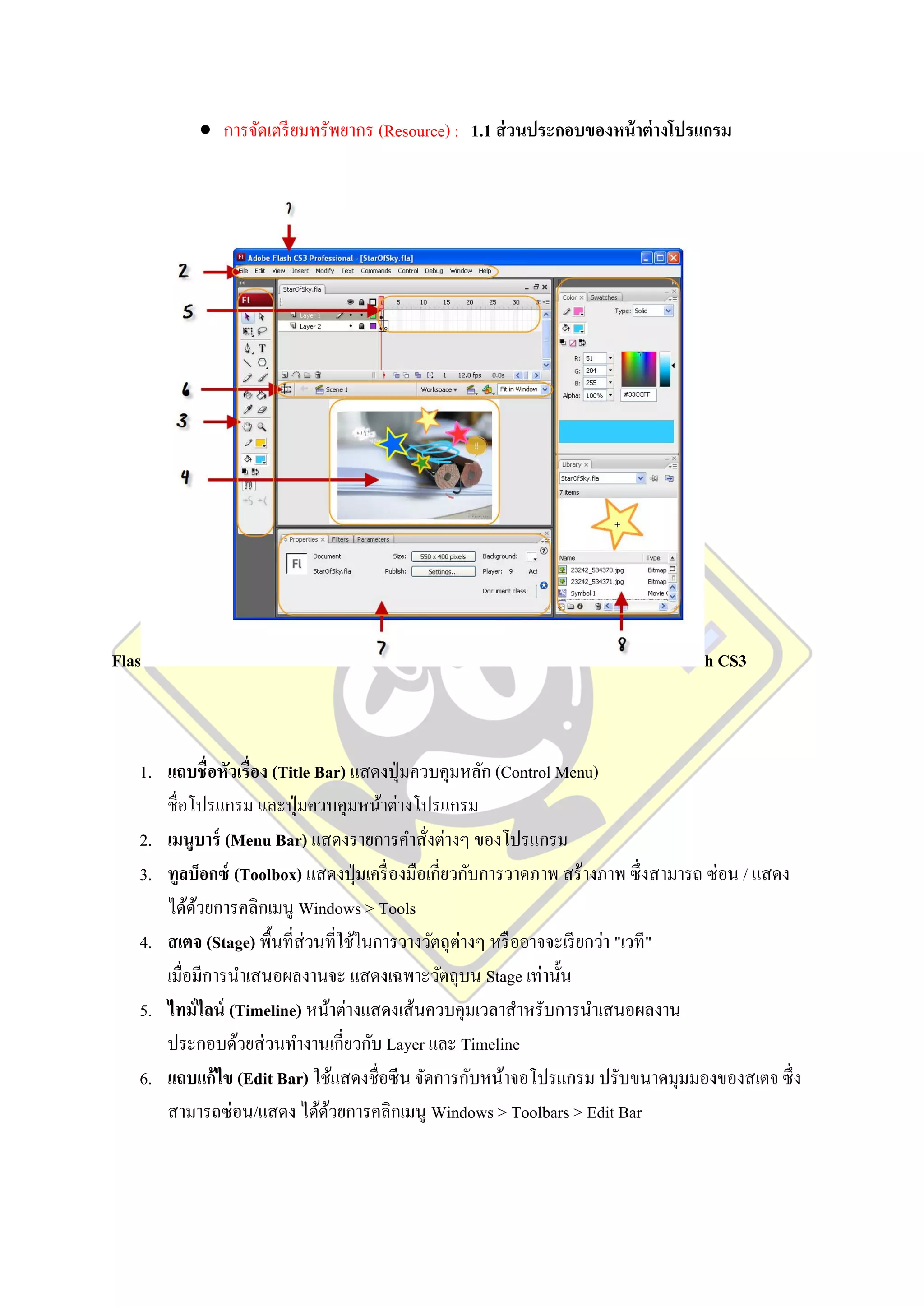  การจัดเตรี ยมทรัพยากร (Resource) : 1.1 ส่ วนประกอบของหน้ าต่ างโปรแกรม




Flas                                                                               h CS3



   1. แถบชื่อหัวเรื่อง (Title Bar) แสดงปุ่ มควบคุมหลัก (Control Menu)
      ชื่อโปรแกรม และปุ่ มควบคุมหน้าต่างโปรแกรม
   2. เมนูบาร์ (Menu Bar) แสดงรายการคาสั่งต่างๆ ของโปรแกรม
   3. ทูลบ็อกซ์ (Toolbox) แสดงปุ่ มเครื่ องมือเกี่ยวกับการวาดภาพ สร้างภาพ ซึ่ งสามารถ ซ่อน / แสดง
      ได้ดวยการคลิกเมนู Windows > Tools
           ้
   4. สเตจ (Stage) พื้นที่ส่วนที่ใช้ในการวางวัตถุต่างๆ หรื ออาจจะเรี ยกว่า "เวที"
      เมื่อมีการนาเสนอผลงานจะ แสดงเฉพาะวัตถุบน Stage เท่านั้น
   5. ไทม์ ไลน์ (Timeline) หน้าต่างแสดงเส้นควบคุมเวลาสาหรับการนาเสนอผลงาน
      ประกอบด้วยส่ วนทางานเกี่ยวกับ Layer และ Timeline
   6. แถบแก้ไข (Edit Bar) ใช้แสดงชื่อซี น จัดการกับหน้าจอโปรแกรม ปรับขนาดมุมมองของสเตจ ซึ่ ง
      สามารถซ่อน/แสดง ได้ดวยการคลิกเมนู Windows > Toolbars > Edit Bar
                               ้
 