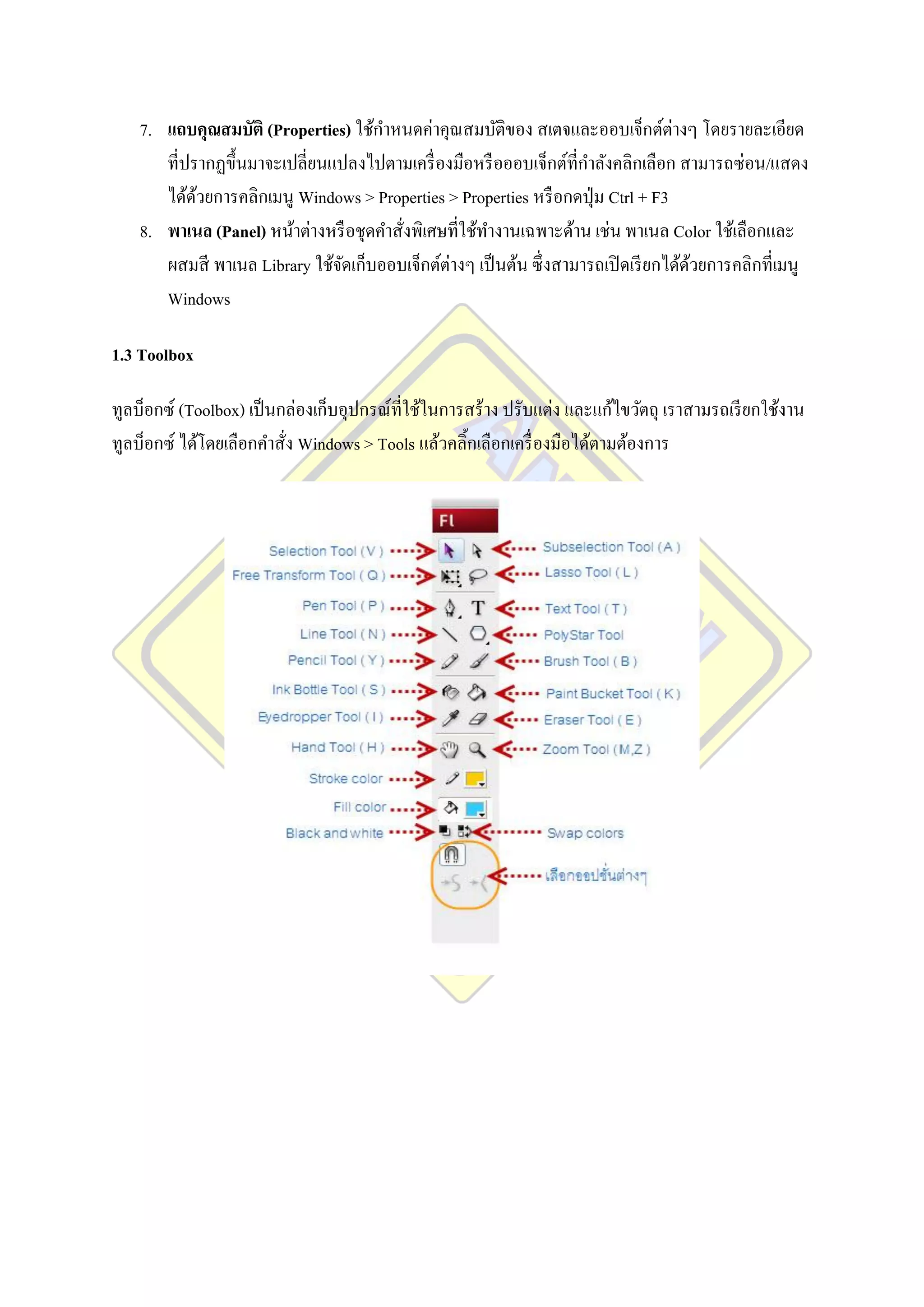 7. แถบคุณสมบัติ (Properties) ใช้กาหนดค่าคุณสมบัติของ สเตจและออบเจ็กต์ต่างๆ โดยรายละเอียด
       ที่ปรากฏขึ้นมาจะเปลี่ยนแปลงไปตามเครื่ องมือหรื อออบเจ็กต์ท่ีกาลังคลิกเลือก สามารถซ่อน/แสดง
       ได้ดวยการคลิกเมนู Windows > Properties > Properties หรื อกดปุ่ ม Ctrl + F3
            ้
    8. พาเนล (Panel) หน้าต่างหรื อชุดคาสั่งพิเศษที่ใช้ทางานเฉพาะด้าน เช่น พาเนล Color ใช้เลือกและ
       ผสมสี พาเนล Library ใช้จดเก็บออบเจ็กต์ต่างๆ เป็ นต้น ซึ่ งสามารถเปิ ดเรี ยกได้ดวยการคลิกที่เมนู
                                ั                                                     ้
       Windows

1.3 Toolbox

ทูลบ็อกซ์ (Toolbox) เป็ นกล่องเก็บอุปกรณ์ที่ใช้ในการสร้าง ปรับแต่ง และแก้ไขวัตถุ เราสามรถเรี ยกใช้งาน
ทูลบ็อกซ์ ได้โดยเลือกคาสั่ง Windows > Tools แล้วคลิ้กเลือกเครื่ องมือได้ตามต้องการ
 