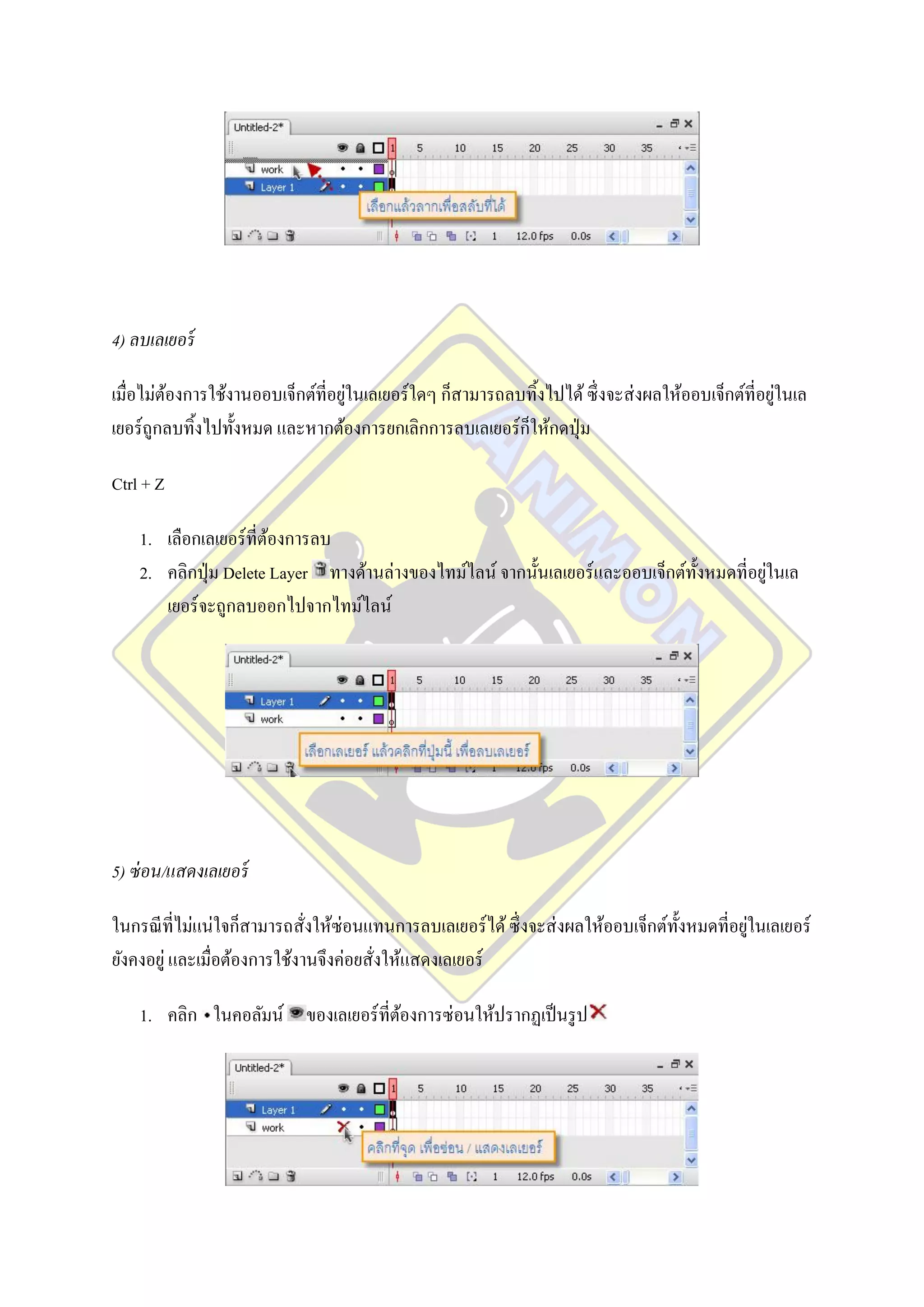 4) ลบเลเยอร์

                                   ่                                                                ่
เมื่อไม่ตองการใช้งานออบเจ็กต์ที่อยูในเลเยอร์ ใดๆ ก็สามารถลบทิ้งไปได้ ซึ่ งจะส่ งผลให้ออบเจ็กต์ที่อยูในเล
         ้
เยอร์ ถูกลบทิงไปทั้งหมด และหากต้องการยกเลิกการลบเลเยอร์ ก็ให้กดปุ่ ม
             ้

Ctrl + Z

    1. เลือกเลเยอร์ที่ตองการลบ
                        ้
                                                                                             ่
    2. คลิกปุ่ ม Delete Layer ทางด้านล่างของไทม์ไลน์ จากนั้นเลเยอร์ และออบเจ็กต์ท้ งหมดที่อยูในเล
                                                                                   ั
       เยอร์ จะถูกลบออกไปจากไทม์ไลน์




5) ซ่ อน/แสดงเลเยอร์

ในกรณี ท่ีไม่แน่ใจก็สามารถสั่งให้ซ่อนแทนการลบเลเยอร์ ได้ ซึ่ งจะส่ งผลให้ออบเจ็กต์ท้ งหมดที่อยูในเลเยอร์
                                                                                     ั         ่
ยังคงอยู่ และเมื่อต้องการใช้งานจึงค่อยสั่งให้แสดงเลเยอร์

    1. คลิก ในคอลัมน์ ของเลเยอร์ ท่ีตองการซ่ อนให้ปรากฏเป็ นรู ป
                                     ้
 