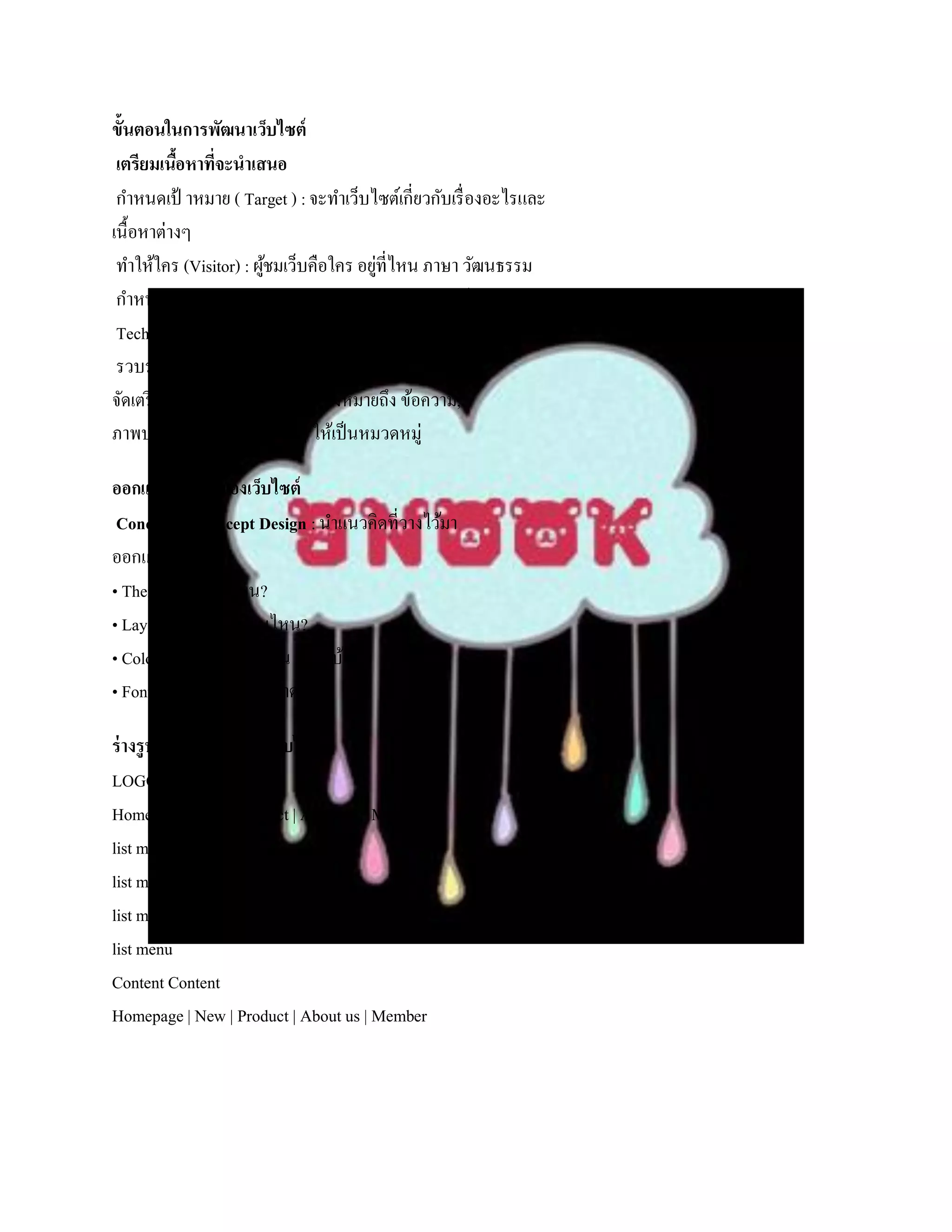 ขั้นตอนในการพัฒนาเว็บไซต์
 เตรียมเนือหาที่จะนาเสนอ
          ้
 กาหนดเป้ าหมาย ( Target ) : จะทาเว็บไซต์เกี่ยวกับเรื่ องอะไรและ
เนื้อหาต่างๆ
 ทาให้ใคร (Visitor) : ผูชมเว็บคือใคร อยูที่ไหน ภาษา วัฒนธรรม
                        ้               ่
 กาหนดกรอบแนวคิด (Concept) : ระเบียบความคิดสู่เป้ าหมาย
 Technology : เลือกเทคโนโลยี
 รวบรวมข้อมูล (Search) : รวบรวมวัตถุดิบ
จัดเตรี ยมทรัพยากร(Resource) : ซึ่งหมายถึง ข้อความ,
ภาพประกอบ, เสียง และอื่น ๆ ให้เป็ นหมวดหมู่

ออกแบบหน้ าตาของเว็บไซต์
 Concept to Concept Design : นาแนวคิดที่วางไว้มา
ออกแบบเว็บไซต์
• Theme : “แนว” ไหน?
• Layout : เค้าโครงแบบไหน?
• Color : โทนสี? กี่สี่? สีสน อะไรบ้าง?
                            ั
• Font : ข้อความ ชนิด ขนาด สี

ร่ างรูปแบบเค้าโครงของเว็บไซต์
LOGO
Homepage | New | Product | About us | Member
list menu
list menu
list menu
list menu
Content Content
Homepage | New | Product | About us | Member
 