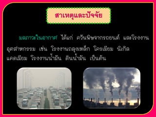 มลภาวะในอากาศ ได้แก่ ควันพิษจากรถยนต์ และโรงงาน
อุตสาหกรรม เช่น โรงงานถลุงเหล็ก โครเมียม นิเกิล
แคดเมียม โรงงานน้้ามัน ดินน้้ามัน เป็นต้น
 