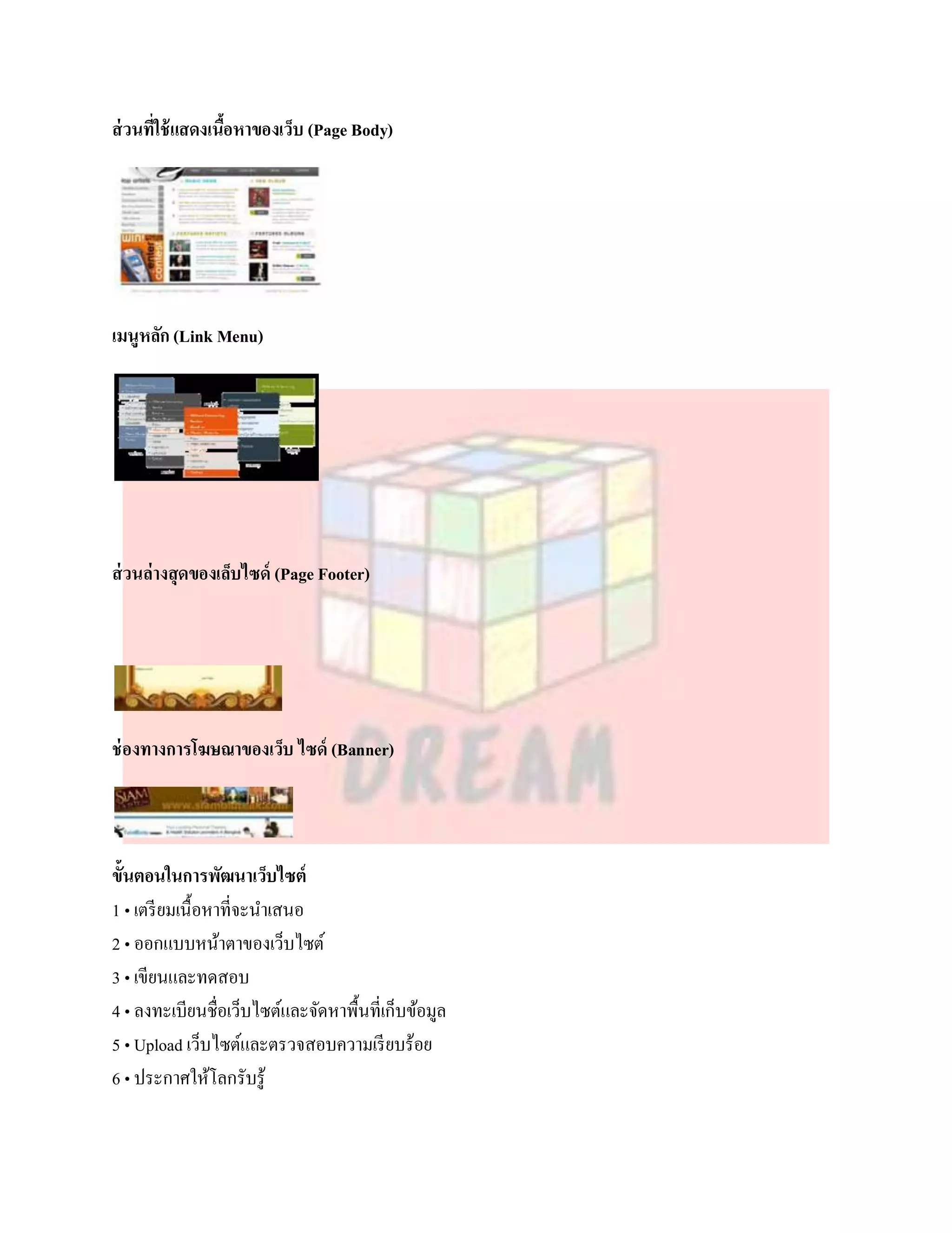ส่ วนที่ใช้ แสดงเนือหาของเว็บ (Page Body)
                   ้




เมนูหลัก (Link Menu)




ส่ วนล่างสุดของเล็บไซด์ (Page Footer)




ช่ องทางการโฆษณาของเว็บ ไซด์ (Banner)




ขั้นตอนในการพัฒนาเว็บไซต์
1 • เตรี ยมเนื้อหาที่จะนาเสนอ
2 • ออกแบบหน้าตาของเว็บไซต์
3 • เขียนและทดสอบ
4 • ลงทะเบียนชื่อเว็บไซต์และจัดหาพื้นที่เก็บข้อมูล
5 • Upload เว็บไซต์และตรวจสอบความเรี ยบร้อย
6 • ประกาศให้โลกรับรู้
 