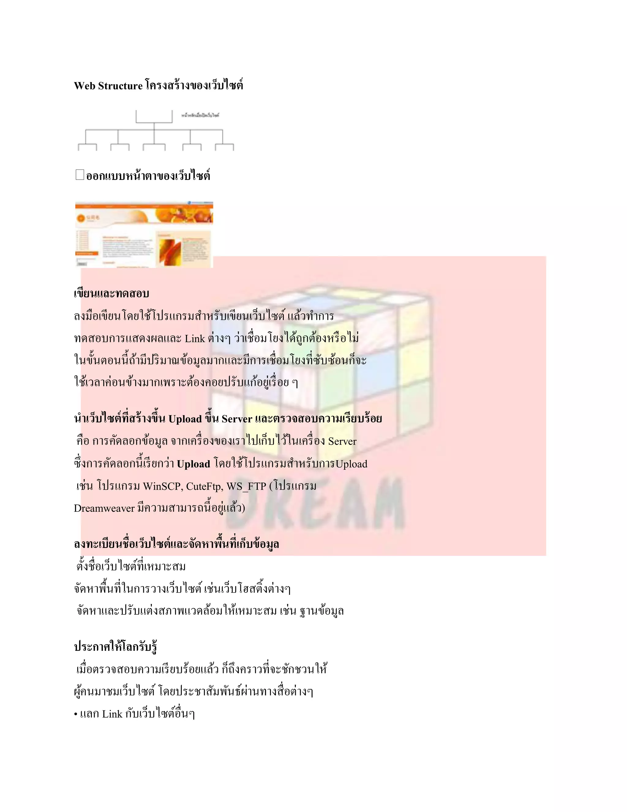 Web Structure โครงสร้ างของเว็บไซต์




  ออกแบบหน้ าตาของเว็บไซต์




เขียนและทดสอบ
ลงมือเขียนโดยใช้โปรแกรมสาหรับเขียนเว็บไซต์ แล้วทาการ
ทดสอบการแสดงผลและ Link ต่างๆ ว่าเชื่อมโยงได้ถกต้องหรื อไม่
                                                    ู
ในขั้นตอนนี้ถามีปริ มาณข้อมูลมากและมีการเชื่อมโยงที่ซบซ้อนก็จะ
              ้                                       ั
ใช้เวลาค่อนข้างมากเพราะต้องคอยปรับแก้อยูเ่ รื่ อย ๆ

นาเว็บไซต์ที่สร้ างขึน Upload ขึน Server และตรวจสอบความเรียบร้ อย
                     ้           ้
คือ การคัดลอกข้อมูล จากเครื่ องของเราไปเก็บไว้ในเครื่ อง Server
ซึ่งการคัดลอกนี้เรี ยกว่า Upload โดยใช้โปรแกรมสาหรับการUpload
เช่น โปรแกรม WinSCP, CuteFtp, WS_FTP (โปรแกรม
Dreamweaver มีความสามารถนี้อยูแล้ว)่

ลงทะเบียนชื่อเว็บไซต์และจัดหาพืนที่เก็บข้ อมูล
                                 ้
ตั้งชื่อเว็บไซต์ท่ีเหมาะสม
จัดหาพื้นที่ในการวางเว็บไซต์ เช่นเว็บโฮสติ้งต่างๆ
จัดหาและปรับแต่งสภาพแวดล้อมให้เหมาะสม เช่น ฐานข้อมูล

ประกาศให้โลกรับรู้
 เมื่อตรวจสอบความเรี ยบร้อยแล้ว ก็ถึงคราวที่จะชักชวนให้
ผูคนมาชมเว็บไซต์ โดยประชาสัมพันธ์ผานทางสื่อต่างๆ
  ้                                   ่
• แลก Link กับเว็บไซต์อื่นๆ
 