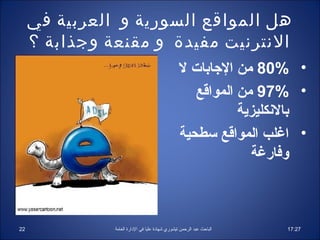 ‫هل المواقع السورية و العربية في‬
     ‫النترنيت مفيدة و مقنعة وجذابة ؟‬
                                                  ‫• %08 من الجابات ل‬
                                                     ‫• %79 من الموااقع‬
                                                              ‫بالنكليزية‬
                                                  ‫• اغلب الموااقع سطحية‬
                                                                ‫وفارغة‬



‫22‬             ‫الباحث عبد الرحمن تيشوري شهاادة عليا في الادارة العامة‬   ‫72:71‬
 