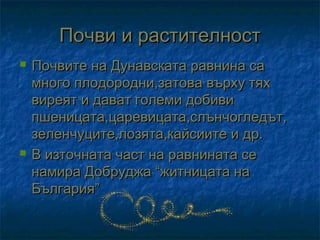 Почви и растителност
   Почвите на Дунавската равнина са
    много плодородни,затова върху тях
    виреят и дават големи добиви
    пшеницата,царевицата,слънчогледът,
    зеленчуците,лозята,кайсиите и др.
   В източната част на равнината се
    намира Добруджа “житницата на
    България”
 