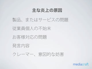 主な炎上の原因

製品、またはサービスの問題

従業員個人の不始末

お客様対応の問題

発言内容

クレーマー、意図的な妨害

                 mediacraft
 
