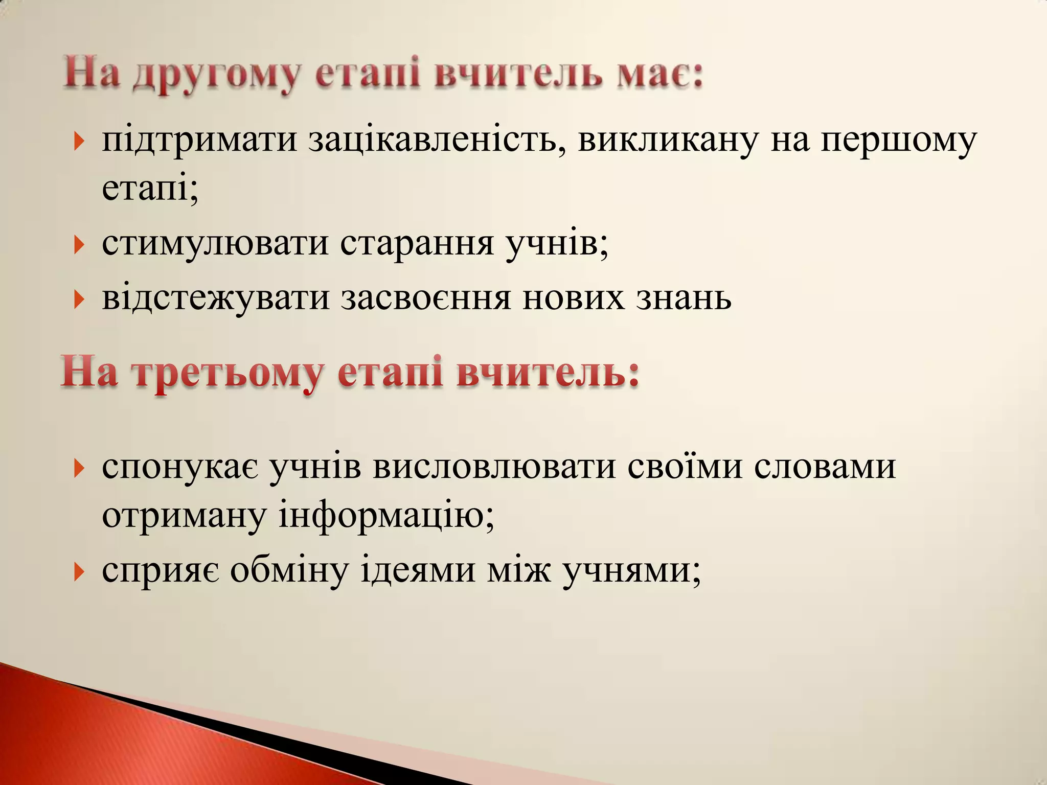    підтримати зацікавленість, викликану на першому
    етапі;
   стимулювати старання учнів;
   відстежувати засвоєння нових знань



   спонукає учнів висловлювати своїми словами
    отриману інформацію;
   сприяє обміну ідеями між учнями;
 
