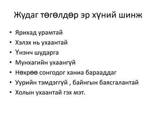 Жудаг төгөлдөр эр хүний шинж
•   Ярихад урамтай
•   Хэлэх нь ухаантай
•   Үнэнч шударга
•   Мунхагийн ухаангүй
•   Нөхрөө сонгодог ханиа барааддаг
•   Уурийн тэмдэггүй , байнгын баясгалантай
•   Холын ухаантай гэх мэт.
 