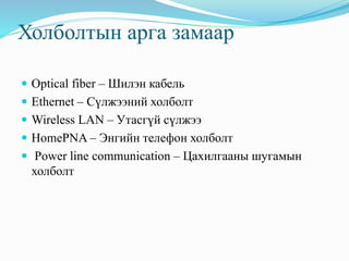 Холболтын арга замаар
 Optical fiber – Шилэн кабель
 Ethernet – Сүлжээний холболт
 Wireless LAN – Утасгүй сүлжээ
 HomePNA – Энгийн телефон холболт
 Power line communication – Цахилгааны шугамын
холболт
 