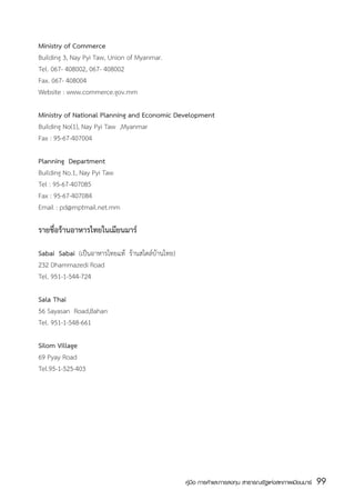 Ministry of Commerce
Building 3, Nay Pyi Taw, Union of Myanmar.
Tel. 067- 408002, 067- 408002
Fax. 067- 408004
Website : www.commerce.gov.mm

Ministry of National Planning and Economic Development
Building No(1), Nay Pyi Taw  ,Myanmar
Fax : 95-67-407004

Planning  Department
Building No.1, Nay Pyi Taw
Tel : 95-67-407085
Fax : 95-67-407084
Email : pd@mptmail.net.mm

รายชื่อร้านอาหารไทยในเมียนมาร์

Sabai  Sabai (เป็นอาหารไทยแท้  ร้านสไตล์บ้านไทย)
232 Dhammazedi Road
Tel. 951-1-544-724

Sala Thai
56 Sayasan  Road,Bahan
Tel. 951-1-548-661

Silom Village
69 Pyay Road  
Tel.95-1-525-403




                                                   คู่มือ การค้าและการลงทุน สาธารณรัฐแห่งสหภาพเมียนมาร์   99
                                                                                                          สส
 