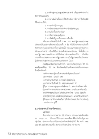 1.	 การฟื้นฟูการประชุมสมัชชาแห่งชาติ เพื่อวางหลักการร่าง
                                       รัฐธรรมนูญฉบับใหม่
                                       	          	 2.	 การดำเนินตามขั้นตอนที่จำเป็นเพื่อการมีประชาธิปไตยที่มี
                                       วินัยอย่างแท้จริง
                                       	          	 3.	 การยกร่างรัฐธรรมนูญ
                                       	          	 4.	 การจัดการลงประชามติรับรองร่างรัฐธรรมนูญ
                                       	          	 5.	 การเลือกตั้งสมาชิกรัฐสภา
                                       	          	 6.	 การจัดการประชุมรัฐสภา
                                       	          	 7.	 การจัดตั้งรัฐบาลที่มาจากการเลือกตั้ง
                                       	          หลังจากการเลือกตังในวันที่ 7 พ.ย. 2553 คณะรัฐบาลของประเทศ
                                                                     ้
                                       เมียนมาร์ได้บรรลุความตังใจของนโยบายทัง 7 ข้อ ซึงได้มกระบวนการเลือกตัง
                                                              ้                ้         ่ ี                   ้
                                       ดังเช่นระบอบประชาธิปไตยทั่วไป แม้กระนั้น กระบวนการประชาธิปไตยของ
                                       เมียนมาร์ดังกล่าว กลับไม่ได้รับการยอมรับจากนานาประเทศ ทั้งนี้เนื่องจาก
                                       คณะรัฐบาลทหารของเมียนมาร์ยังไม่ได้ลงจากอำนาจอย่างแท้จริง เป็นเพียง
                                       การเปลี่ยนแปลงสถานภาพจากรัฐบาลทหารมาเป็นรัฐบาลพลเรือนโดยคณะ
                                       ผู้บริหารระดับสูงยังคงเป็นนายทหารนอกราชการ นั่นเอง
                                       	          คณะรัฐมนตรีเมียนมาร์ในปัจจุบัน ประกอบด้วยรัฐมนตรี 29 คน
                                       และรัฐมนตรีช่วย 39 คน โดยส่วนหนึ่งเป็นอดีตนายทหารที่ลาออกมาลง
                                       รับสมัครเลือกตั้ง
                                       	          รายชื่อของคณะรัฐบาลในตำแหน่งสำคัญของเมียนมาร์
                                       	          ประธานาธิบดี : นายเต็ง  เส่ง
                                       	          รองประธานาธิบดีคนที่ 1 : นายถิ่น อ่อง มินต์ อู  	
                                       	          รองประธานาธิบดีคนที่ 2 :  ดร.นพ.จายหมอก  คำ	
                                       	          ผู้บัญชาการทหารสูงสุดกองทัพเมียนมาร์ : พล.ท. มินต์ อ่อง หล่า
                                       	          รัฐมนตรีว่าการกระทรวงการต่างประเทศ : นายวันนะ หม่อง ลวิน
                                       	          เอกอัครราชทูตเมียนมาร์ ประจำประเทศไทย : นาย อู อ่อง เต็ง
                                       	          เอกอัครราชทูตไทย ประจำประเทศเมียนมาร์ : นายอภิรฐ เหวียนระวี
                                                                                                    ั
                                       	          ผู้อำนวยการสำนักงานส่งเสริมการค้าต่างประเทศ ประจำกรุงย่างกุ้ง
                                       	          : นายประจวบ  สุภินี

                                       1.6 ประชากร/สังคม/วัฒนธรรม
                                       	         ประชากร
                                         	       จำนวนประชากรประมาณ 58 ล้านคน ความหนาแน่นโดยเฉลี่ย
                                       61 คน/ตร.กม. เมียนมาร์มีประชากรหลายเชื้อชาติจึงเกิดเป็นปัญหาชน
                                       กลุ่มน้อย ประชากรเมียนมาร์ประกอบไปด้วยชาติพันธ์ุดังนี้ คือ พม่า 63%
                                       มอญ 5% ยะไข่ 5% กะเหรี่ยง 3.5% คะฉิ่น 3% ไทย 3% ชิน 1%


12   คู่มือ การค้าและการลงทุน สาธารณรัฐแห่งสหภาพเมียนมาร์
 