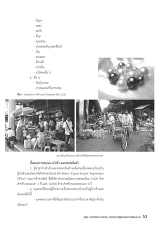 -	ไข่มุก
	           	 -	เพชร
	           	 -	ตะกั่ว
	           	 -	ดีบุก
	           	 -	วุลแฟรม
	           	 -	ส่วนผสมดีบุกและซีไลท์
	           	 -	เงิน
	           	 -	ทองแดง
	           	 -	สังกะสี
	           	 -	ถ่านหิน
	           	 -	แร่โลหะอื่น ๆ
	           6.	 อื่น ๆ
	           	 -	วัตถุโบราณ
	           	 -	อาวุธและเครื่องกระสุน
ที่มา : กรมเจรจาการค้าระหว่างประเทศ มี.ค. 2551




                                      สภาพร้านค้าและการจับจ่ายใช้สอยของประชาชน

	          ขั้นตอนการส่งออก-นำเข้า และขนส่งสินค้า
	          1.	 ผู้ทำธุรกิจนำเข้าและส่งออกสินค้าจะต้องขอยื่นจดทะเบียนเป็น
ผูนำเข้าและส่งออกทีสำนักทะเบียนนำเข้า-ส่งออก (Export-Import Registration
  ้                 ่
Office) กรมการค้าพาณิชย์ ซึงมีอตราค่าธรรมเนียมการจดทะเบียน 5,000 จ๊าต
                              ่ ั
สำหรับระยะเวลา 1 ปี และ 10,000 จ๊าต สำหรับรวมระยะเวลา 3 ปี
	          2.	 คุ ณสมบัติของผู้ที่สามารถยื่นขอจดทะเบี ย นเป็ น ผู้ น ำเข้ า และ
ส่งออกมีดังนี้
	          	 -	บุ ค คลธรรมดาท่ี มี สั ญ ชาติ เ มี ย นมาร์ ห รื อ แปลงสั ญ ชาติ เ ป็ น
เมียนมาร์

                                                                 คู่มือ การค้าและการลงทุน สาธารณรัฐแห่งสหภาพเมียนมาร์   53
                                                                                                                        สส
 
