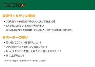 東京ヴェルディの現状
・ 30代後半∼60代前半のファンが大半を占める
 
・1人で見に来ている方の平均が多い
・2012年1試合平均動員数 約4,700人(J1時代(2008年)の約半分)


サポーターの思い
･ 若い世代のファンを増やしたい！
・ファン同士もっと気軽につながりたい！
・もっとスタジアムを盛り上げたい・盛り上がりたい！
・J1 に上がりたい！
( サポーター掲示板「超東京ヴェルディ掲示板」より抜粋 )
 
