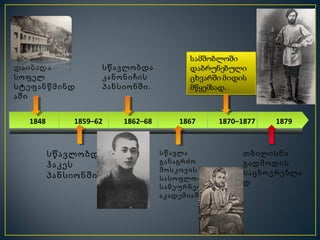 დაიბადა            სწავლობდა
სოფელ              კანონიჩის
სტეფანწმინდ        პანსიონში.
აში


  1848       1859–62   1862–68       1867     1870–1877   1879



         სწავლობდა               სწავლა             თბილისში
                                 განაგრძო           გადმოდის
         ჰაკეს
                                 მოსკოვის           საცხოვრებლა
         პანსიონში               სასოფლო –
                                                    დ
                                 სამეურნეო
                                 აკადემიაში
 