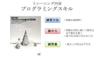 トレーニング内容
プログラミングスキル

     練習方法    ・問題を10問解く



      集中力    ・問題を同時に解いて解答を
              出す順位を競う
             ・最下位は1位に何かおごる


      練習量    ・集まった時は必ずやる
 