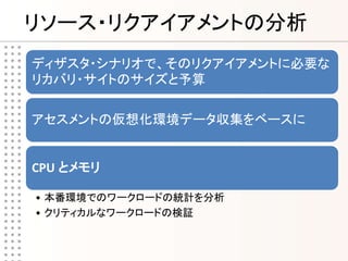 リソース・リクアイアメントの分析
ディザスタ・シナリオで、そのリクアイアメントに必要な
リカバリ・サイトのサイズと予算

アセスメントの仮想化環境データ収集をベースに


CPU とメモリ

• 本番環境でのワークロードの統計を分析
• クリティカルなワークロードの検証
 