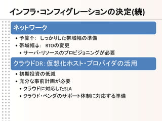 インフラ・コンフィグレーションの決定(続)
ネットワーク
• 予算↑： しっかりした帯域幅の準備
• 帯域幅↓: RTOの変更
  • サーバ・リソースのプロビジョニングが必要

クラウドDR：仮想化ホスト・プロバイダの活用
• 初期投資の低減
• 充分な事前計画が必要
  • クラウドに対応したSLA
  • クラウド・ベンダのサポート体制に対応する準備
 