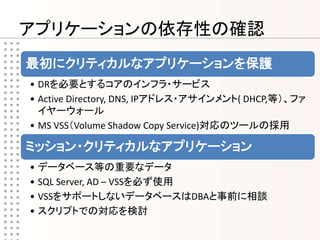 アプリケーションの依存性の確認
最初にクリティカルなアプリケーションを保護
• DRを必要とするコアのインフラ・サービス
• Active Directory, DNS, IPアドレス・アサインメント( DHCP,等）、ファ
  イヤーウォール
• MS VSS（Volume Shadow Copy Service)対応のツールの採用

ミッション・クリティカルなアプリケーション
• データベース等の重要なデータ
• SQL Server, AD – VSSを必ず使用
• VSSをサポートしないデータベースはDBAと事前に相談
• スクリプトでの対応を検討
 
