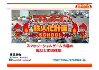 スマホソーシャルゲーム市場の
                現状と実現体制
神田卓也
Twitter kantaku
Facebook kantaku1   http://www.ironschool.jp/
 