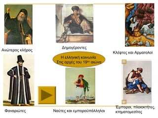 Δημογέροντες
Ανώτερος κλήρος
                                               Κλέφτες και Αρματολοί
                     Η ελληνική κοινωνία
                   Στις αρχές του 19ου αιώνα




                                                Έμποροι, πλοιοκτήτες,
 Φαναριώτες       Ναύτες και εμποροϋπάλληλοι    κτηματομεσίτες
 