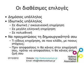 Οι διαθέσιμες επιλογές
• Δημόσιος υπάλληλος
• Ιδιωτικός υπάλληλος
  – Σε ιδιωτική / οικογενειακή επιχείρηση
  – Σε μεγάλη ελληνική επιχείρηση
  – Σε πολυεθνική
• Να πραγματώσεις τη δημιουργικότητά σου
  – Τι είδους επιχείρηση, σε ποιο κλάδο, με ποιους
    στόχους;
  – Πριν αποφασίσεις τι θα κάνεις στην επιχείρησή
    σου, πρέπει να αποφασίσεις τι θα κάνεις στη
    ζωή σου
 07/12/2012   Website: http://hellenicstartups.gr
              Email: info@hellenicstartups.gr
 