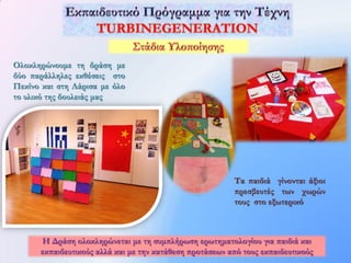 Ολοκληρώνουμε τη δράση με
δύο παράλληλες εκθέσεις στο
Πεκίνο και στη Λάρισα με όλο
το υλικό της δουλειάς μας




                                                         Τα παιδιά γίνονται άξιοι
                                                         πρεσβευτές των χωρών
                                                         τους στο εξωτερικό



      Η Δράση ολοκληρώνεται με τη συμπλήρωση ερωτηματολογίου για παιδιά και
      εκπαιδευτικούς αλλά και με την κατάθεση προτάσεων από τους εκπαιδευτικούς
 