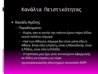 Κανάλια Πειςτικότητασ

 Κανϊλι Αγϋλησ
   Παραδεύγματα:
     - Κυρύα, ςαν κι αυτόν την τςϊντα ϋχουν πϊρει ϊλλοι
      εκατό πελϊτεσ ςόμερα
     - Λαϋ των Αθηνών, ςόμερα δεν εύναι μόνο εδώ η
      Αθόνα. Εύναι εδώ η Κρότη, εύναι η Μακεδονύα, εύναι
      η Ρόδοσ, εύναι όλη η Ελλϊδα.
     - Η πρόταςη μασ ϋχει γύνει αντικεύμενο εφαρμογόσ
      ςε ϊλλεσ 10 εταιρύεσ ωσ τώρα
     29 καταςκευαςτϋσ πλυντηρύων ςυνιςτούν SKIP.
 