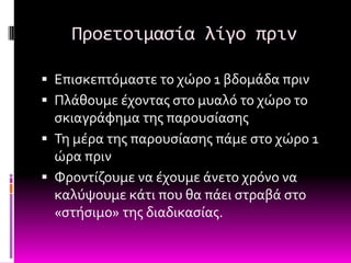 Προετοιμαςία λίγο πριν

 Επιςκεπτόμαςτε το χώρο 1 βδομϊδα πριν
 Πλϊθουμε ϋχοντασ ςτο μυαλό το χώρο το
  ςκιαγρϊφημα τησ παρουςύαςησ
 Ση μϋρα τησ παρουςύαςησ πϊμε ςτο χώρο 1
  ώρα πριν
 Υροντύζουμε να ϋχουμε ϊνετο χρόνο να
  καλύψουμε κϊτι που θα πϊει ςτραβϊ ςτο
  «ςτόςιμο» τησ διαδικαςύασ.
 