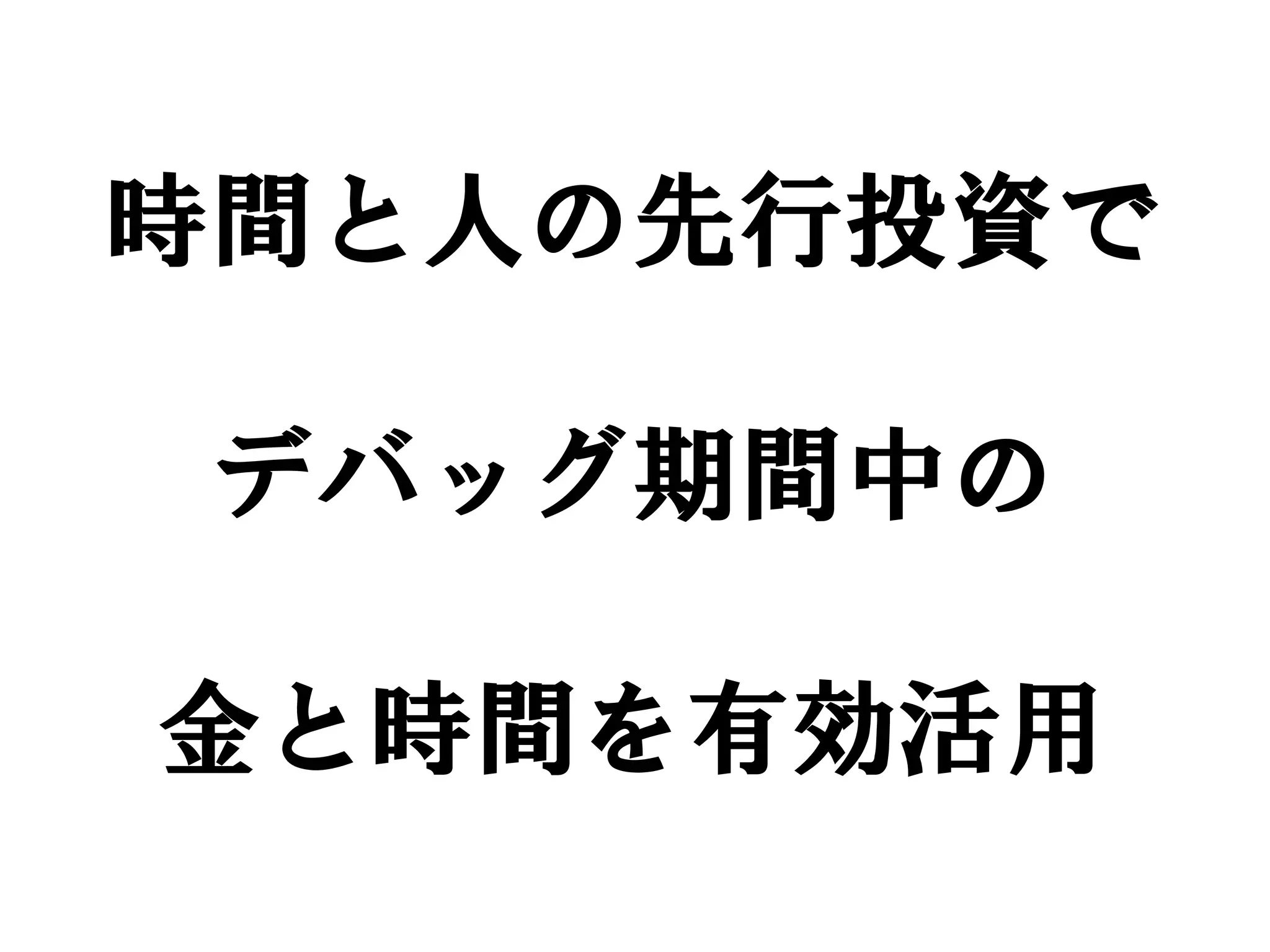 時間と人の先行投資で

 デバッグ期間中の

金と時間を有効活用
 