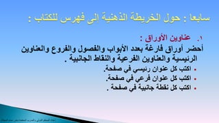 ‫1. عناوين األوراق :‬
                    ‫أحضر أوراق فارغة بعدد األبواب والفصول والفروع والعناوين‬
                                 ‫الرئيسية والعناوين الفرعية والنقاط الجانبية .‬
                                                         ‫اكتب كل عنوان رئيسي في صفحة.‬     ‫‪‬‬
                                                          ‫اكتب كل عنوان فرعي في صفحة.‬     ‫‪‬‬
                                                          ‫اكتب كل نقطة جانبية في صفحة .‬   ‫‪‬‬




‫إعداد المحكم الدولي والمدرب المعتمد/ بندر دحام المجالد‬
 