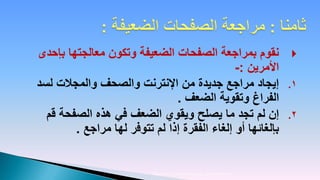‫‪ ‬نقوم بمراجعة الصفحات الضعيفة وتكون معالجتها بإحدى‬
                                              ‫األمرين :-‬
‫1. إيجاد مراجع جديدة من اإلنترنت والصحف والمجالت لسد‬
                               ‫الفراغ وتقوية الضعف .‬
  ‫2. إن لم تجد ما يصلح ويقوي الضعف في هذه الصفحة قم‬
        ‫بإلغائها أو إلغاء الفقرة إذا لم تتوفر لها مراجع .‬


                         ‫إعداد المحكم الدولي والمدرب المعتمد/ بندر دحام المجالد‬
 