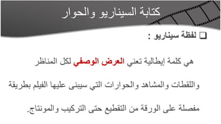 ‫كتابة السيناريو والحوار‬
                                          ‫‪ ‬لفظة سيناريو :‬

       ‫هي كلمة إيطالية تعني العرض الوصفي لكل المناظر‬

‫واللقطات والمشاهد والحوارات التي سيبنى عليها الفيلم بطريقة‬

     ‫مفصلة على الورقة من التقطيع حتى التركيب والمونتاج.‬
 