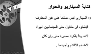 ‫السيناريو ليس ممتنعا على غير المحترف.‬       ‫‪‬‬


                                                          ‫فإنشاؤه في متناول حتى السينمائيين الهواة‬

                                                              ‫ألنه يبدأ بفكرة صغيرة حتى وإن كان‬

                                                                         ‫ألضخم األفالم وأجودها .‬
‫إعداد المحكم الدولي والمدرب المعتمد/ بندر دحام المجالد‬
 