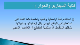 ‫‪ ‬استخدام لغة تواصلية واقعية واضحة كما اللغة التي‬
                                 ‫نستعملها في الواقع اليومي بكل إيجابياتها وسلبياتها‬
                              ‫بشكلها المتكامل أو بشكلها المتقطع أو الغامض المبهم.‬



‫إعداد المحكم الدولي والمدرب المعتمد/ بندر دحام المجالد‬
 