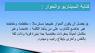 ‫‪ ‬يفضل أن يكون الحوار طبيعيا مسترسال ، متقطعا، ومقاطعا‬
   ‫غير خاضع للتناوب على من يأخذ الكلمة ، غامضا وغير‬
    ‫مكتمل أحيانا بمفردات مقتضبة جدا بنبرة قوية وذات ثقة‬
                     ‫بالنفس وأخرى بإيقاع رتيب ومهدود.‬

                              ‫إعداد المحكم الدولي والمدرب المعتمد/ بندر دحام المجالد‬
 