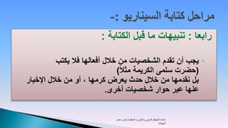 ‫رابعا : تنبيهات ما قبل الكتابة :‬

           ‫◦ يجب أن تقدم الشخصيات من خالل أفعالها فال يكتب‬
                                ‫(حضرت سلمى الكريمة مثالً)‬
‫بل نقدمها من خالل حدث يعرض كرمها ، أو من خالل اإلخبار‬
                             ‫عنها عبر حوار شخصيات أخرى.‬


                             ‫إعداد المحكم الدولي والمدرب المعتمد/ بندر دحام‬
                                                                   ‫المجالد‬
 
