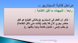 ‫رابعا : تنبيهات ما قبل الكتابة :‬

‫◦ تذكر أن الفعل في السيناريو (وبالتالي الفيلم) هو فعل‬
‫حاضر يجري اآلن فال يكتب (كانت منى تأكل التفاحة)‬
      ‫بل يكتب (منى : تتناول تفاحة وتبدأ بأكلها...).‬



                      ‫إعداد المحكم الدولي والمدرب المعتمد/ بندر دحام‬
                                                            ‫المجالد‬
 
