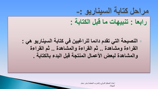 ‫رابعا : تنبيهات ما قبل الكتابة :‬

‫◦ النصيحة التي تقدم دائما للراغبين في كتابة السيناريو هي :‬
   ‫القراءة ومشاهدة .. ثم القراءة والمشاهدة .. ثم القراءة‬
     ‫والمشاهدة لبعض األعمال المنتجة قبل البدء بالكتابة .‬



                            ‫إعداد المحكم الدولي والمدرب المعتمد/ بندر دحام‬
                                                                  ‫المجالد‬
 